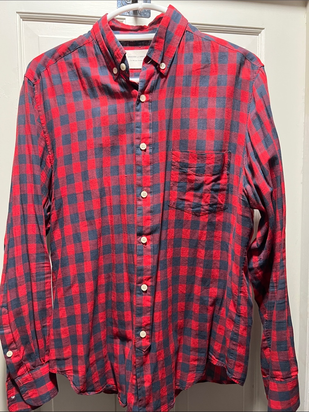 SHADES OF GREY BY MICAH COHEN Red and Navy Plaid Button-Down Shirt